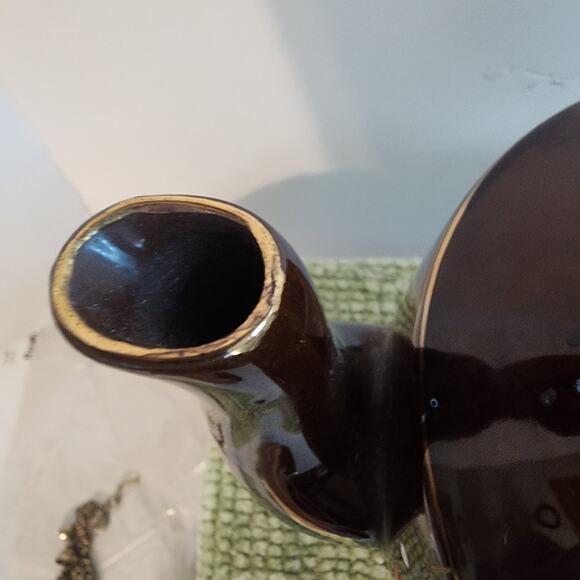 Vintage Japan Brown Teapot Hand Painted Gold Floral Enamel Dot 6in Midcentury - Picture 9 of 10